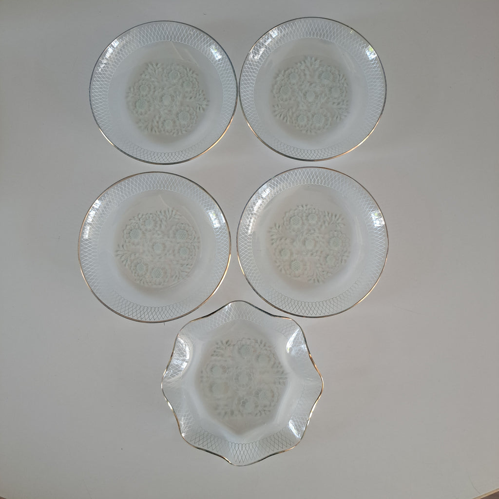 Vintage Heye Filigran Glass, lasilautaset 4 kpl + 1 kpl