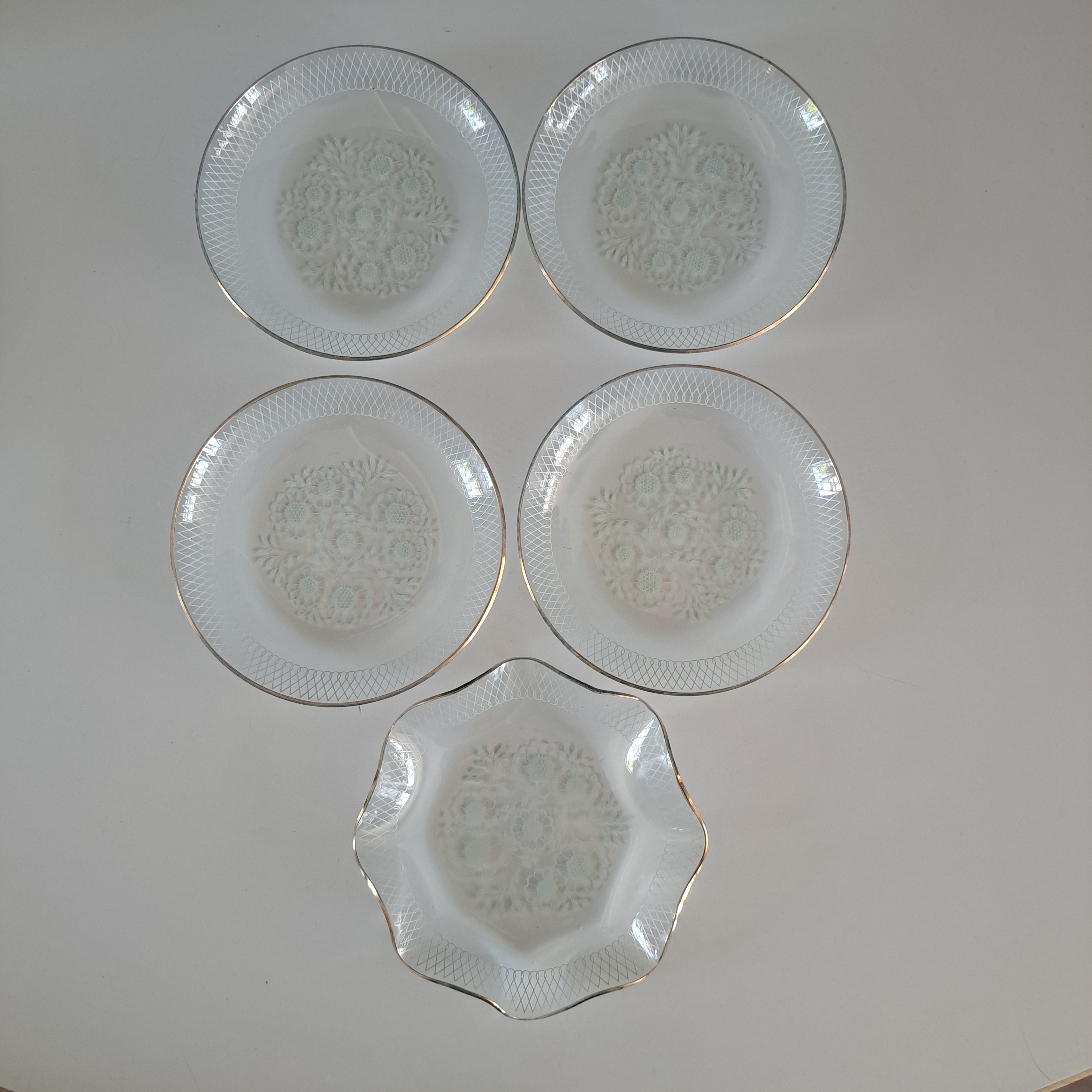 Vintage Heye Filigran Glass, lasilautaset 4 kpl + 1 kpl